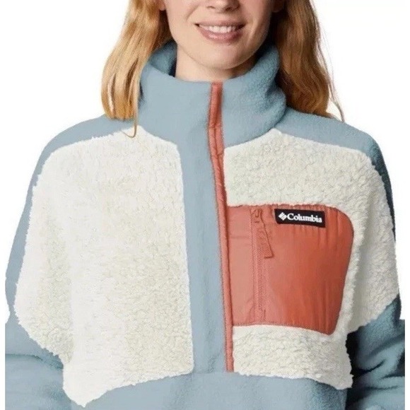 Columbia Lodge Sherpa Fleece Pullover 1/2 Snap Boxy Peach Cream Blue Women's XXL - Picture 2 of 10